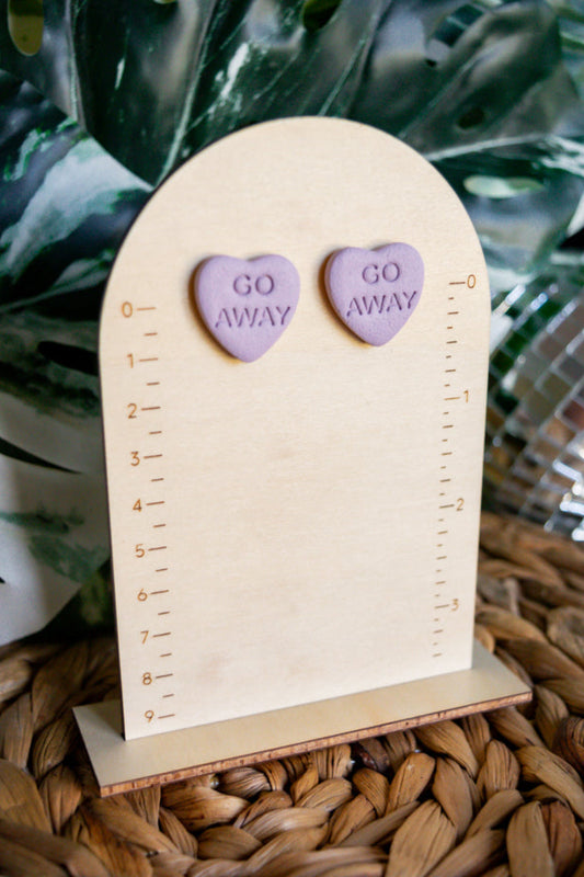 "go away" snarky heart studs